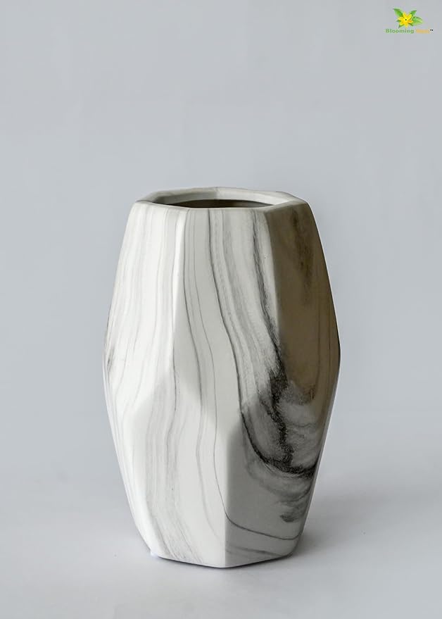 Blooming Floret White Marble Ceramic Vase for Home Decoration | Modern Centerpiece for Flowers | Perfect for Gifting, Living Room, Bedroom, and Office (Medium, Pentagon Ceramic Marble Vase)