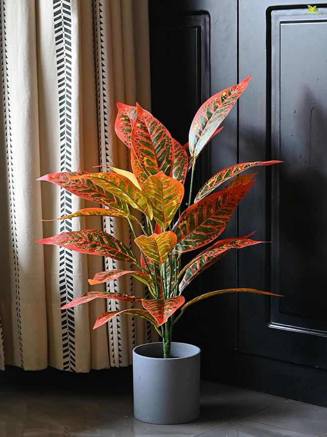 Blooming Floret Polyester Artificial Red Iceton Croton Plant | Big Ornamental Plant for Interior Decor/Home Decor/Office Decor | 26 Leaves with Basic Black Pot | 71.1 cm Tall Indoor Plant