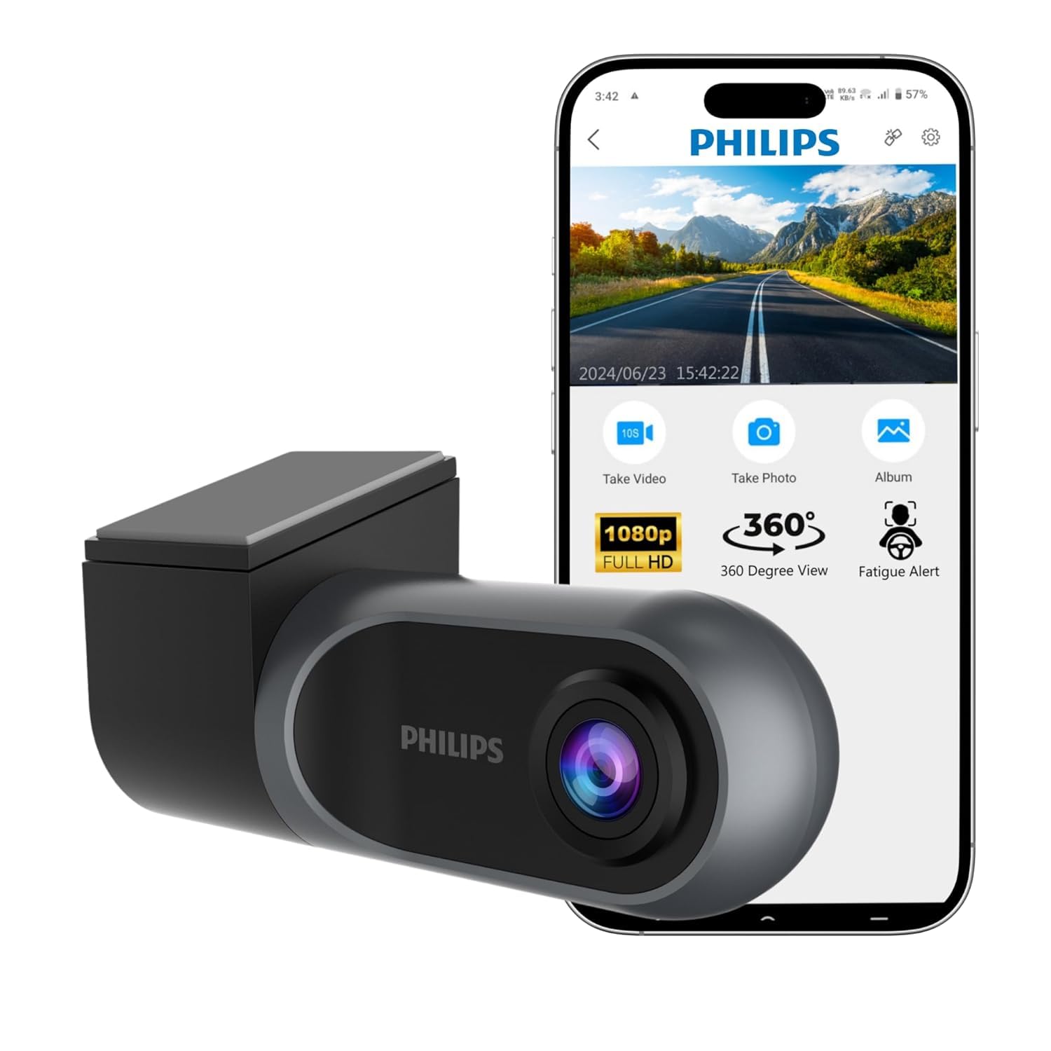 Philips GoSure 3101 Dash Cam for Car, Full HD 1080p, G-Sensor, Loop Recording, Night Vision, Wide Angle Lens, Compact Design – Black