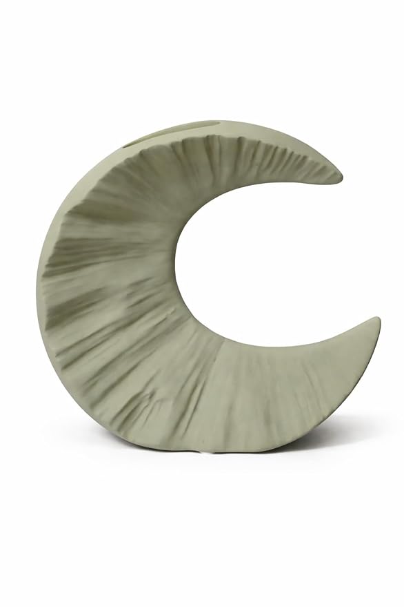 Blooming Floret Half-Moon Ceramic Vase 18 cm – Modern Minimalist Green Decorative Flower Vase for Living Room, Office Table, Shelf & Centerpiece Décor