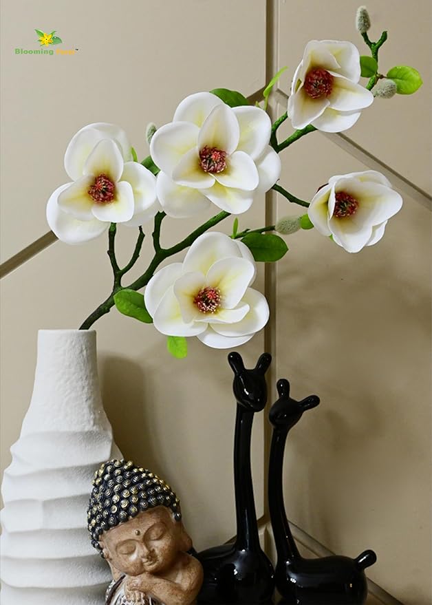 Blooming Floret Artificial Magnolia Flower Sticks wiht 5 Heads Perfect for Home Decor, Office, Weddings, Gifting/Natural Looking Flower Stems 72 cm (White)