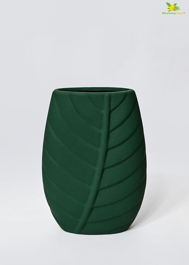 Blooming Floret Leaf Impressed Ceramic Vase for Home Decoration | Modern Centerpiece for Flowers | Perfect for Gifting, Living Room, Bedroom, and Office (Dark Green)