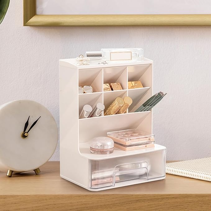 Amazon Brand - Umi Multi-Functional Desk Organizer with Drawer Countertop Organizer For Pen Organizer Pencil Holder Desktop Stationary Organizer Cosmetic Art Supplies Dressing Table (White)