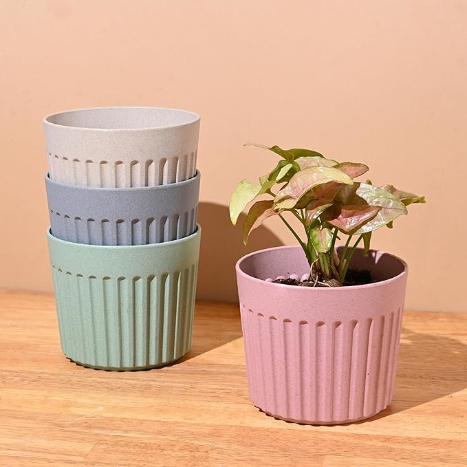 Eha Earth Friendly Romano 5 inch Planters for Home Décor | Set of 4 |Plant Pot Made with Bamboo Fibers | UV Protected Pots & Planters | Flower Pot for Living Room | Multicolor