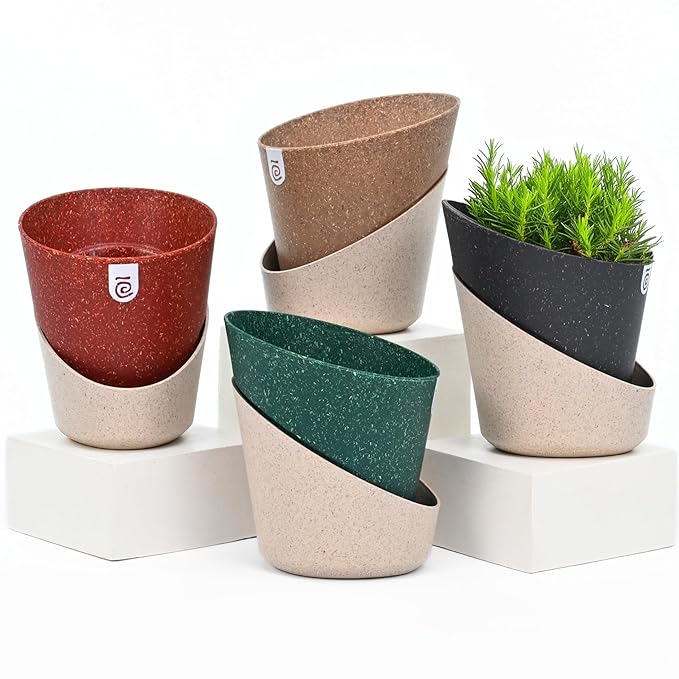 Eha Earth Friendly EcoBloom Self Watering Pots for Plants | 7 Inch, Pack of 4 |Bamboo Based and UV Protected Planters | Pots for Indoor Plants | for Home Decor, Outdoor, Balcony & Garden | Multi-Dark