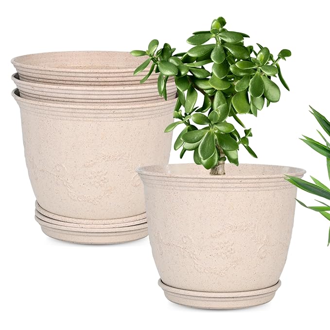 Eha Earth-Friendly 10" Leafy Planters with Tray | Set of 4| Bamboo Fiber | UV Protected | Drainage Hole | Pots for Indoor, Outdoor, Balcony & Garden | Sand Castle