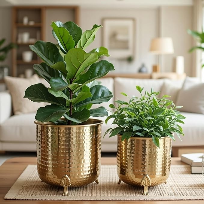 BEHOMA Metal Hammered Planter for Home Decor | Decoratives for Indoor Outdoor Balcony Living Room | Table Decorative Plant Pot for Gifting | Set of 2 | Golden (Plant not Included)