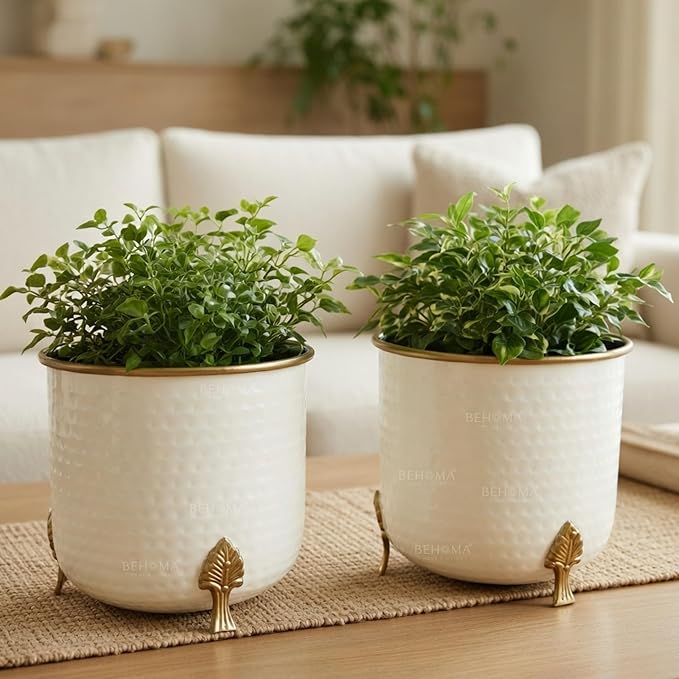 BEHOMA Metal Hammered White Planter with Golden Trim for Home Decor | Pot for Indoor Outdoor Balcony Living Room | Table Plant Pot for Gifting | Size H-6" x Dia.6 inch, Set of 2 (Plant not Included)