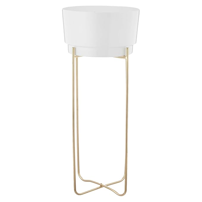 amazon basics Metal Planter Flower Pot with Stand | for Home Décor | (Medium) (White and Gold Finish)