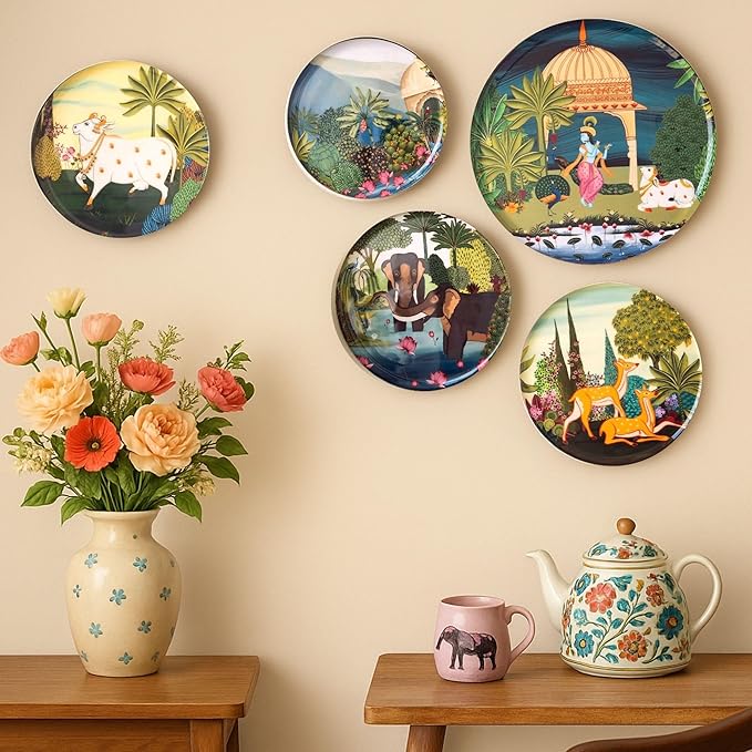 RITUALISTIC Dwarkadhish Pichwai Wall Plates Set of 5 | 12"+10"+8" Metal Wall Sculpture | Lord Krishna Nathdwara Pichwai Art | Living Room Pooja Room Spiritual Décor | Diwali Housewarming Premium Gift