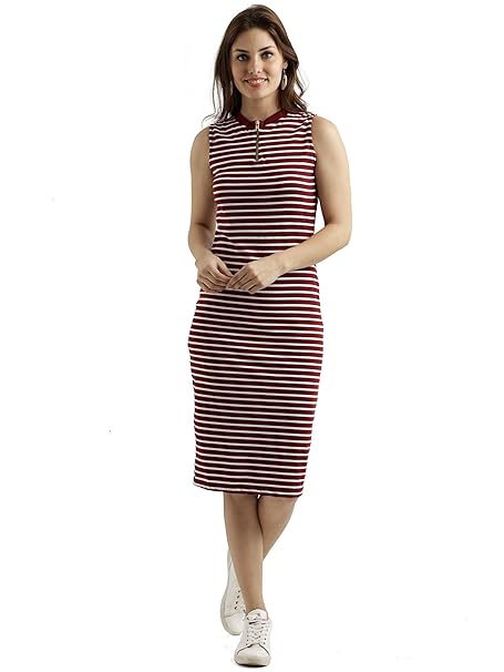 Miss Chase Women's Comfortable Round Neck Sleeveless Striped Midi Bodycon Dress with Zipper