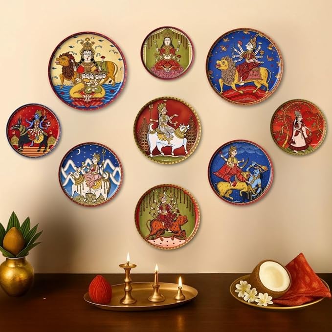 RITUALISTIC Nine form of Durga Wall Sculpture for Home decoration | Wall painting for living room | Metal Wall Décor | Gift items and Home Décor | Wall art and showpiece |Set of 9 plates