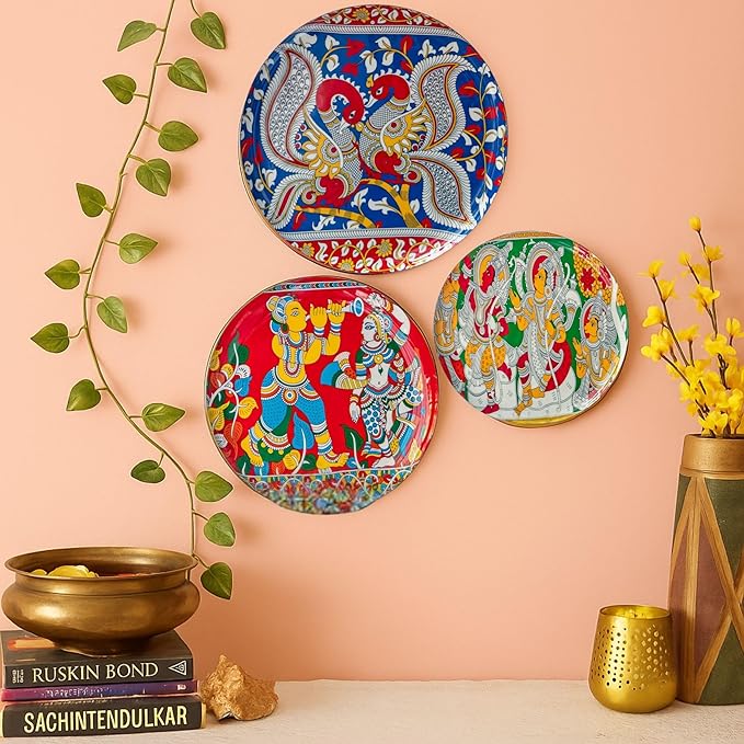 RITUALISTIC Kalamkari Wall Plates Set of 3 | 12"+10"+8" Metal Wall Sculpture | Andhra Pradesh Pen-Drawn Mythological Folk Art | Living Room Pooja Room Décor | Diwali Housewarming Premium Gift