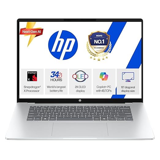 HP Smartchoice Omnibook 5 OLED (Previously Pavilion), Snapdragon X Processor (16GB LPDDR5x,1TB SSD) 2K OLED,16''/40.6cm, Win11, M365(1yr)*Office24, Glacier Silver, 1.59kg, fb0001QU,Next-Gen AI Laptop