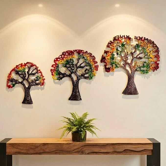 DSH CRAFTING YOUR CURIOSITY Metal Wall Art For Living Room, Bedroom, Kitchen, Office Wall Hanging Decoration Items,Set Of 3 Multi Color Tree, Nature Home Decor & Gifts