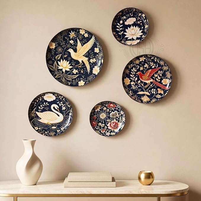 DSH Metal Decorative Wall Plates Set of 5 for Home Decor Colorful Hanging Wall Art for Living Room, Bedroom & Office Decor (Navy Swans)