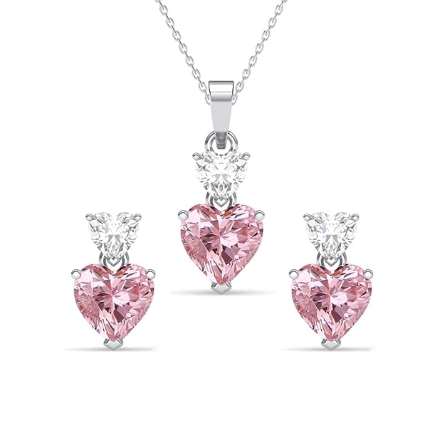 Clara 925 Sterling Silver Two Hearts Pendant Earrings Chain Necklace Jewellery Set | Platinum Plated, Swiss Zirconia | Gift for Women and Girls