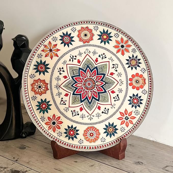 Amazon Basics Metal Vintage Mandala Showpiece Plate with Wooden Stand | 8 Inches | Mild Steel with Enamel Coating | Home & Office Desk Decor | Compact & Stylish Design | (21.5 x 20.5 x 5 cm)