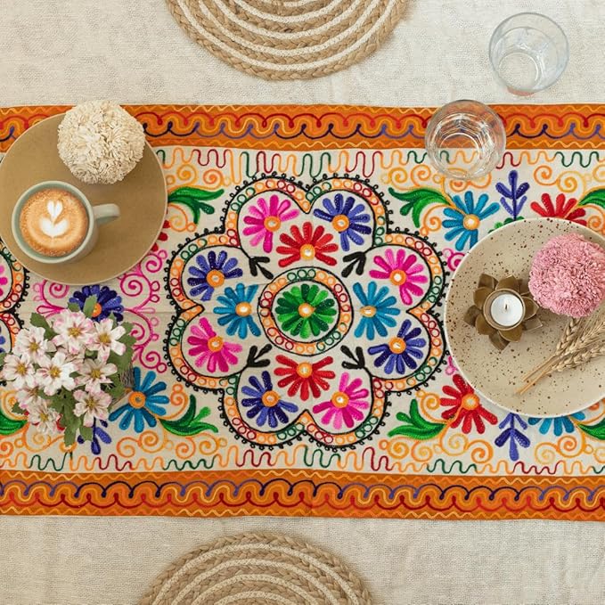 Flower Embroidered Table Runner | Handcrafted Traditional Aari Work Table Cloth | Cotton Table Runner with Mirror Accents for Dining & Home Decor | 58 x 19 Inch, Multicolour