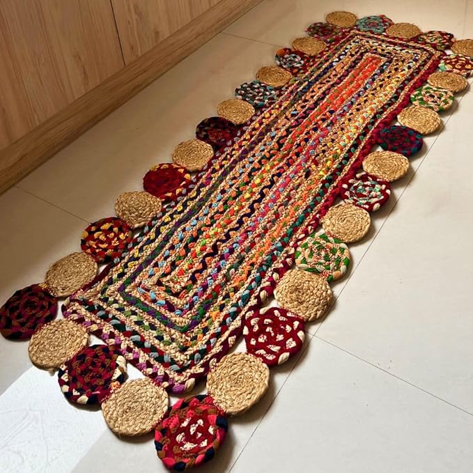 Rectangle Jute Rug | Handwoven Braided Design Mat | Rectangular Floor Rug for Living Room, Bedroom, Reading Corner | Boho Home Decor | 20x50 inch, Multicolour