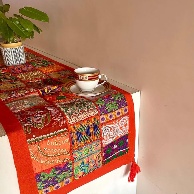 Patchwork Table Runner | Traditional Rajasthani Khambadiya Craft | Handmade Dining Table Runner for Home Decor | Colourful Dining Setup | 14x60 Inch, Orange