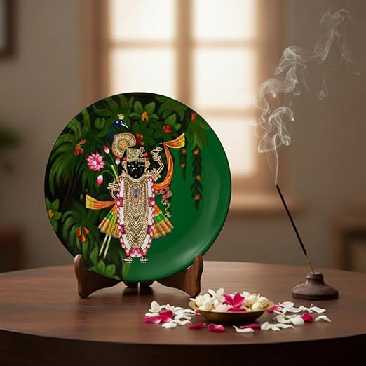 Ritualistic Shreenathji Nathdwara Van Leela | Single Wall Plate with Handcrafted Wooden Stand | 10 inch