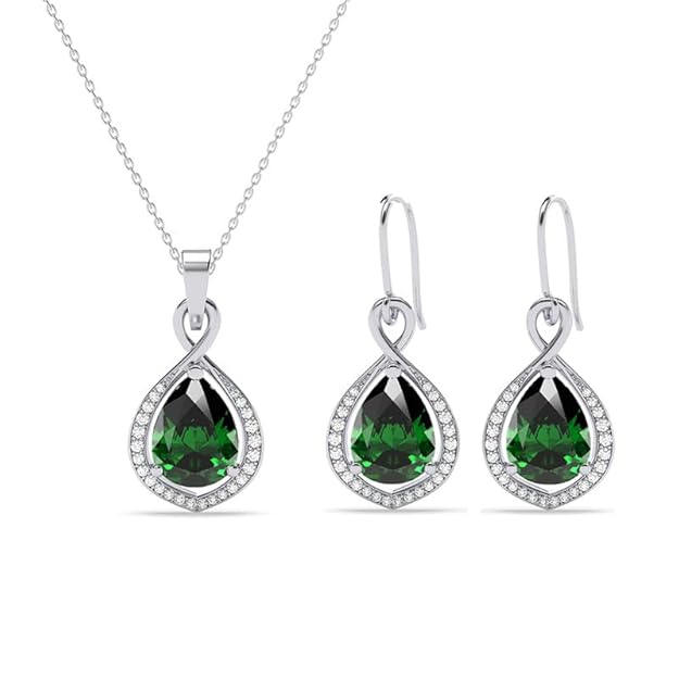 Clara 925 Sterling Silver Jino Green Solitaire Pendant Earrings Chain Necklace Jewellery Set | Platinum Plated, Swiss Zirconia |Gift for Women and Girls