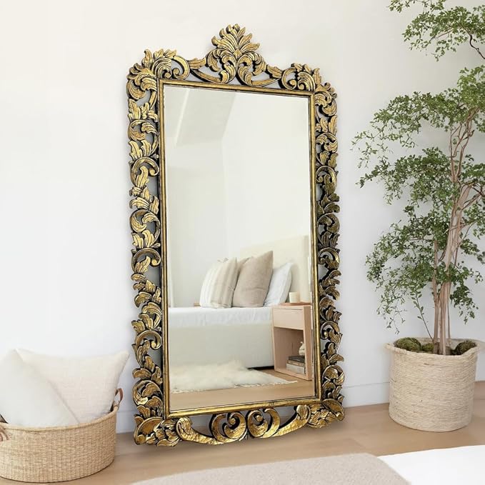 Large Antique Wall Mirror Frame, Gold and Black, Decorative Frame, Vintage Royal Design, Hand Carving Frame Size 4×2 Feet (Without Mirror)