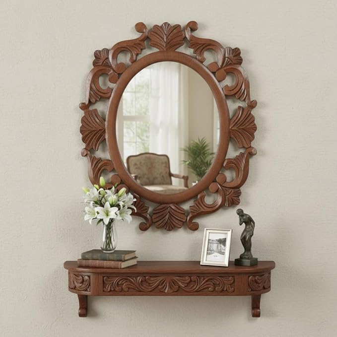 THE URBAN STORE Wall Mirror Wooden Walnut Color 24"x20" Pack of One Victorian Style Elegantly Hand Crafted Floral Carving Mirror for Home and Office Décor TUSMR09