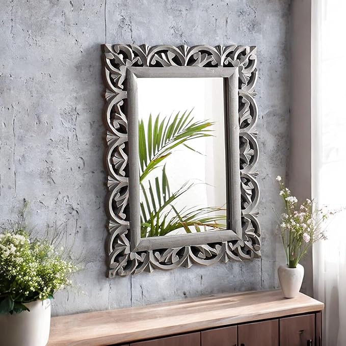 THE URBAN STORE Wall Mirror Wooden Distressed Grey Color 20"x15" Pack of One French Style Elegantly Hand Crafted Floral Carving Mirror for Home and Office Decor TUSMR42