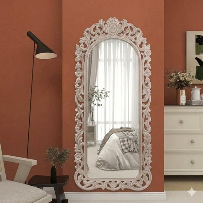 Arch Wooden Hand-Carved Mirror Frame, Full Length, Taj Look Design, Antique White, Wall Mounted, Without Mirror For Bedroom Home Decor| Living Room | Wall Hanging