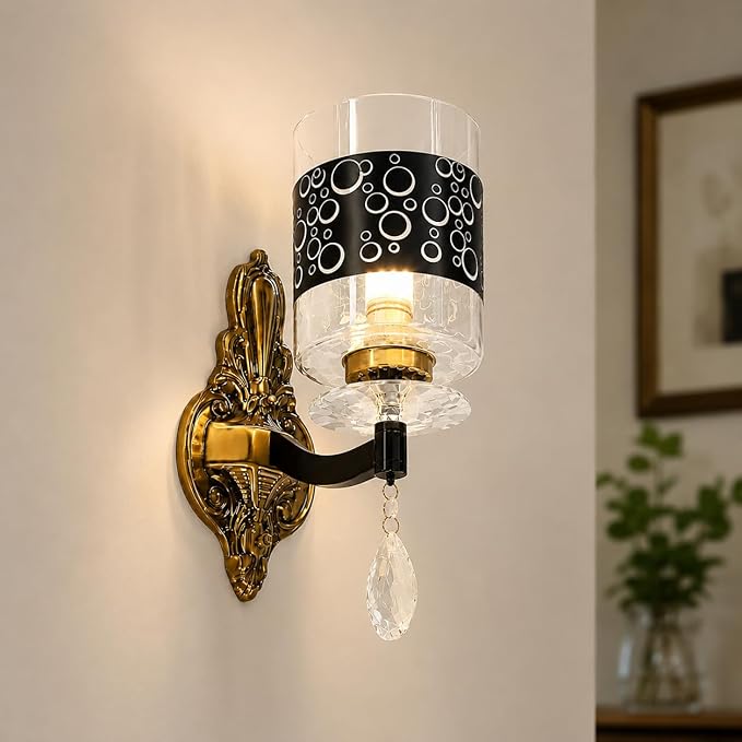Modern Antique Vintage Wall Sconce Light with Designer Shades, Black Metal with Crystal Pendant for Living Room, Bedroom, Drawing Room, Hall, Home Decoration with Tri-Colour Bulb, Gold