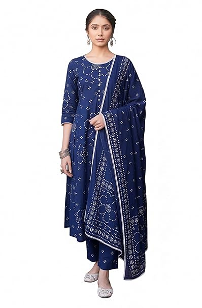 Janasya Women's Blue Pure Cotton Bandhani Printed A-line Kurta Set