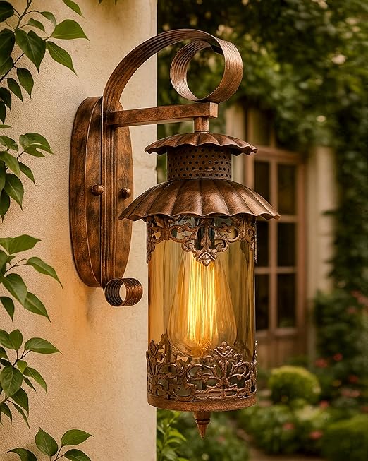 Homesake® Antique Oil Rubbed Rust Wall Lamp for Home Décor | Vintage Wall Light for Living Room, Bedroom, Balcony, Hallway | Rustic Wall Sconce Lantern Style | Metal Glass Fixture, (HAVELI Lantern)