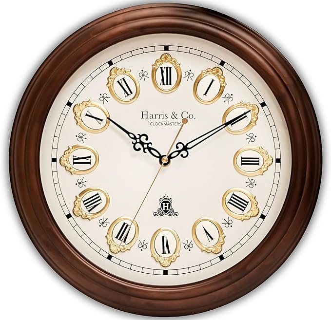 HARRIS & CO. CLOCKMASTERS Luxury Vintage Wooden Analog Wall Clock with Metal Dial and 3D Ornate Gold Embellishments, HD Clear Glass with Silent Sweep Noiseless Technology (15 Inch) Model-Whitehall