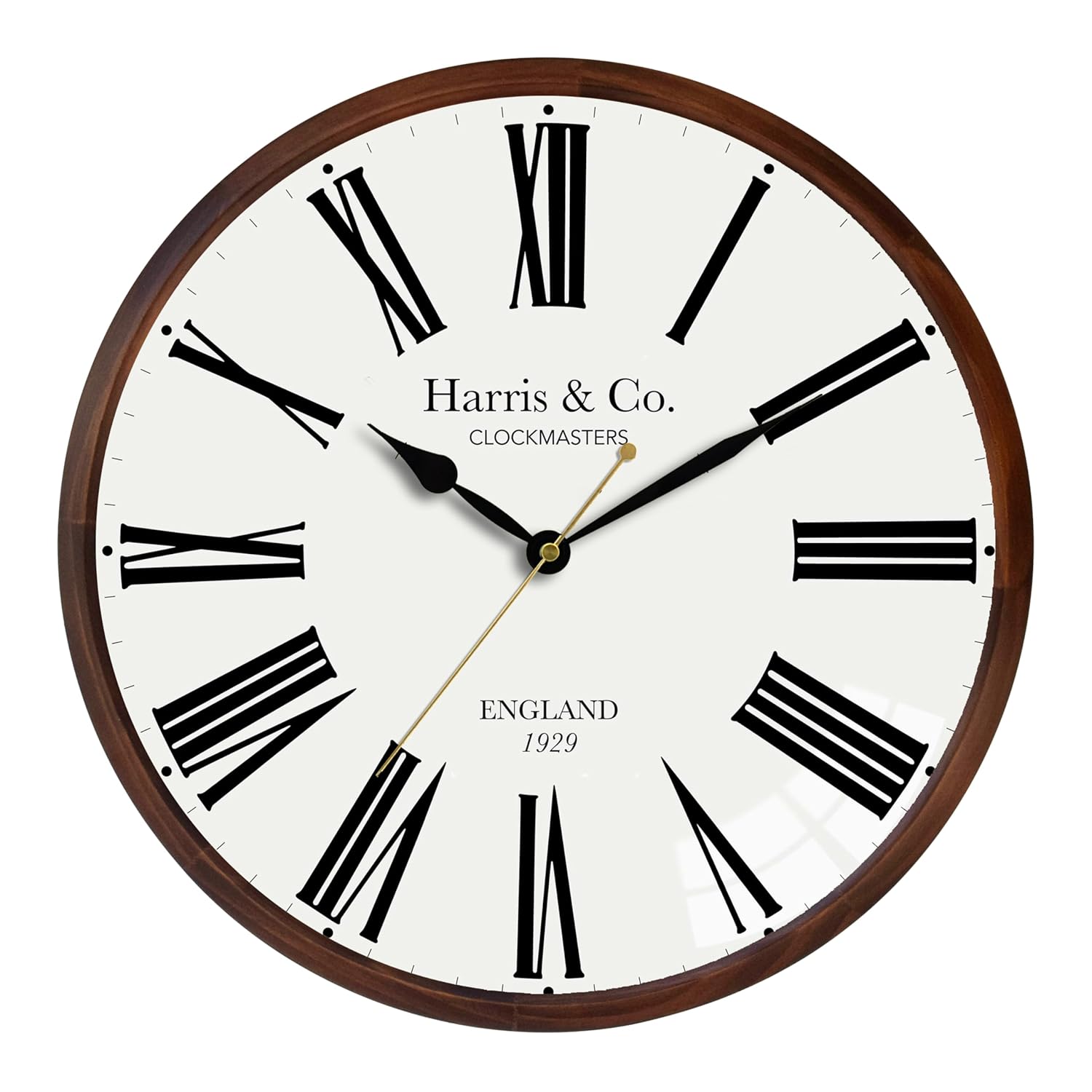 HARRIS & CO. CLOCKMASTERS Luxury Wooden Frame Curved Glass Silent Sweep Noiseless Technology Roman Design Analog Wall Clock With Spade Hands (Brown, 13 Inches)