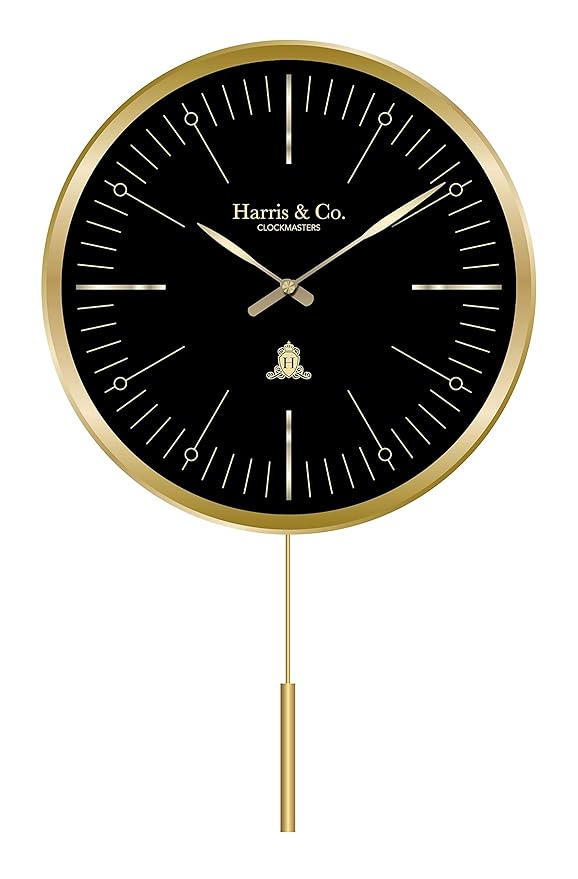 HARRIS & CO. CLOCKMASTERS Metal Luxury Pendulum Analog Wall Clock,Silent Sweep Noiseless Technology 13 Inch Gold, Model-Knightsbridge