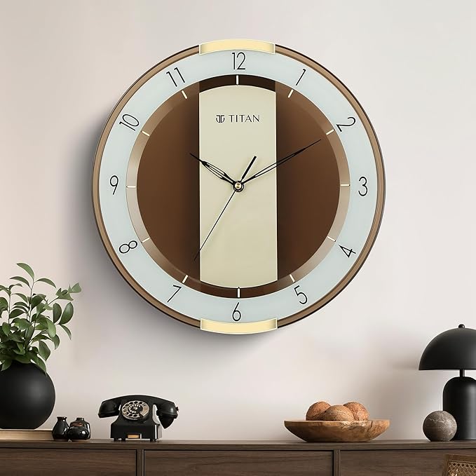 Titan Contemporary Brown Wall Clock with Layered Dial & Translucent Centre Panel, Silent Sweep, Model W0079PA02 | 33.8 cm x 33.8 cm x 4.2 cm