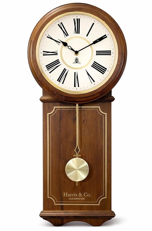 HARRIS & CO. CLOCKMASTERS Wooden Pendulum Wall Clock Luxe Edition 26.5 x 11.5 Inch | Silent Sweep Noiseless Movement | White Metal Roman Dial | Gold Accents & HD Clear Glass | Model-Hyde Park