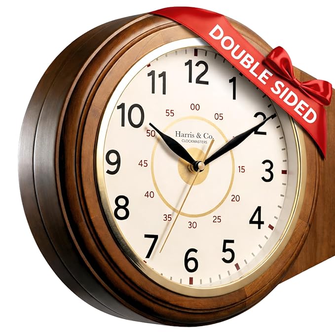 Harris & Co. Clockmasters Wooden Double Sided 13 x 11.5 Inch LUXE EDITION Wall Clock | Wood Frame with Gold Accents | White Dial | HD Clear Glass | Silent Sweep Noiseless Technology | Model-Paddington