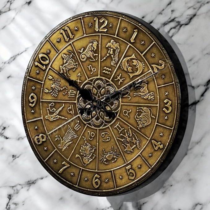 Vintage Handicraft Decorative Wooden Brass Inlay Artware/Handcrafted Zodiac Design Wall Art Clock/VC-8012-12