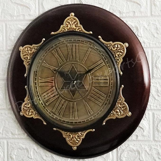 Vintage Clock Brass Inlay Wooden Shiny Brown Handcrafted Analog Wall Clock/One Year Warranty / 9143-16-BST, 16 cm, 16 Inch