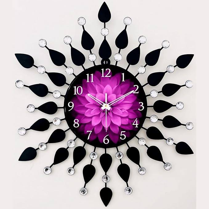 Wall Clock For Home Stylish 20 Inch Dial 8 Inch Color Black Beautiful Flower Design Antique Style Art Unique Office Decor Iron Metal Glass (Purple Dial) - Analog
