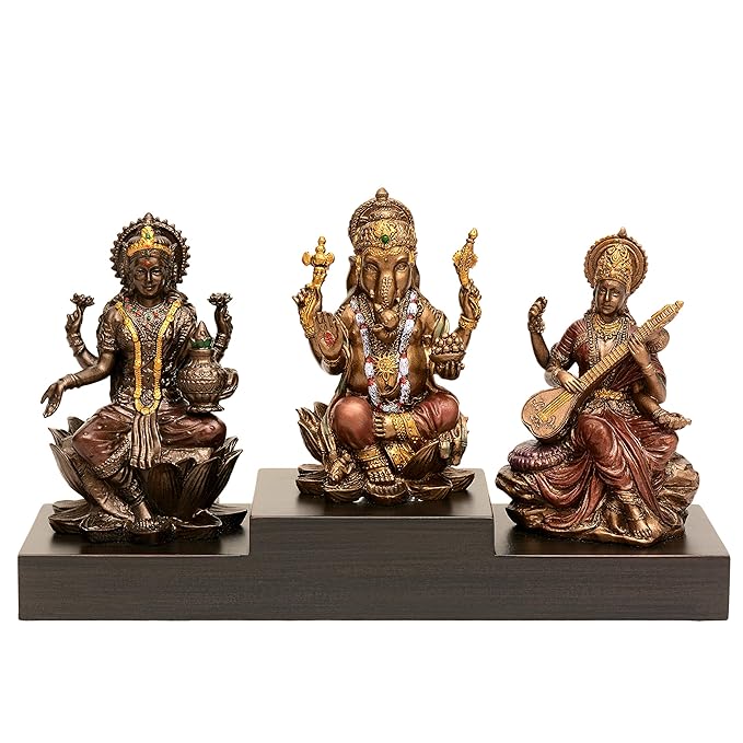 AONA Bonded Bronze Goddess Laxmi Ganesha Saraswati Idol (Multicolour, 3" Height X 3" Width)