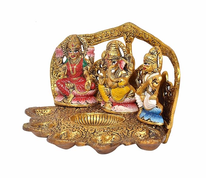 AONA Metal Laxmi Ganesh Saraswati Idol with Diya (Golden, 9 X 6 X 5 Inch)