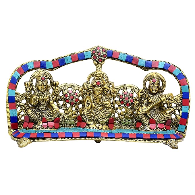 AONA Lakshmi Ganesh Saraswati Murti Idol Showpiece Set Metal Lakshmi Ganesha Idols Statue with Metal Base for Puja Home Temple Mandir Diwali Decoration Gifting Items Height 5.5 Inches