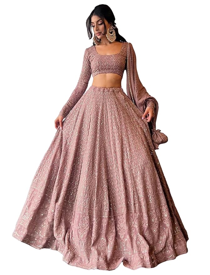 JIHU CULTURE Georgette Sequence Lucknowi Embroidery Work Semi sttiched Lehenga choli set for women