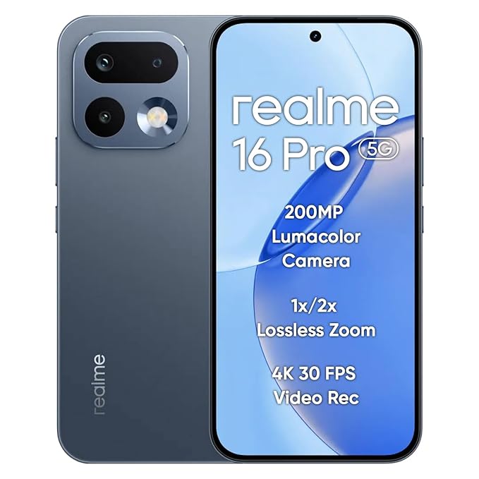 realme 16 Pro 5G Smartphone 12+256GB, 144Hz AMOLED Display, 7000mAh Battery, 80W SuperVOOC, 200MP Primary Camera 50MP Front Camera, MediaTek 7300-Max Processor, IP69, Pebble Grey