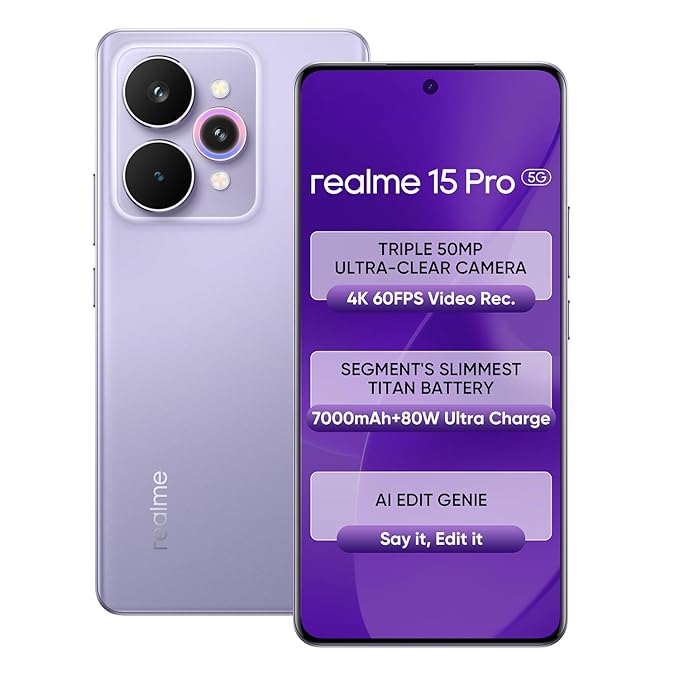 realme 15 Pro 5G Smartphone 12+256GB Purple,4K 60FPS,144Hz HyperGlow 4D Curve Display,7000mAh Battery,80W SuperVOOC, Camera Triple 50MP, Snapdragon 7 Gen 4, IP69
