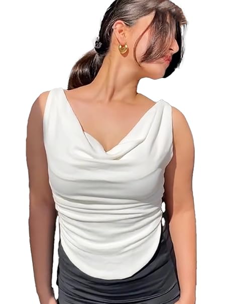 Istyle Can Women's Solid/Plain Asymmetric Hem Stretchable Draped Crop Top. Sleeveless, Single Shoulder, Off Shoulder, Cowl Neck, Crop Length